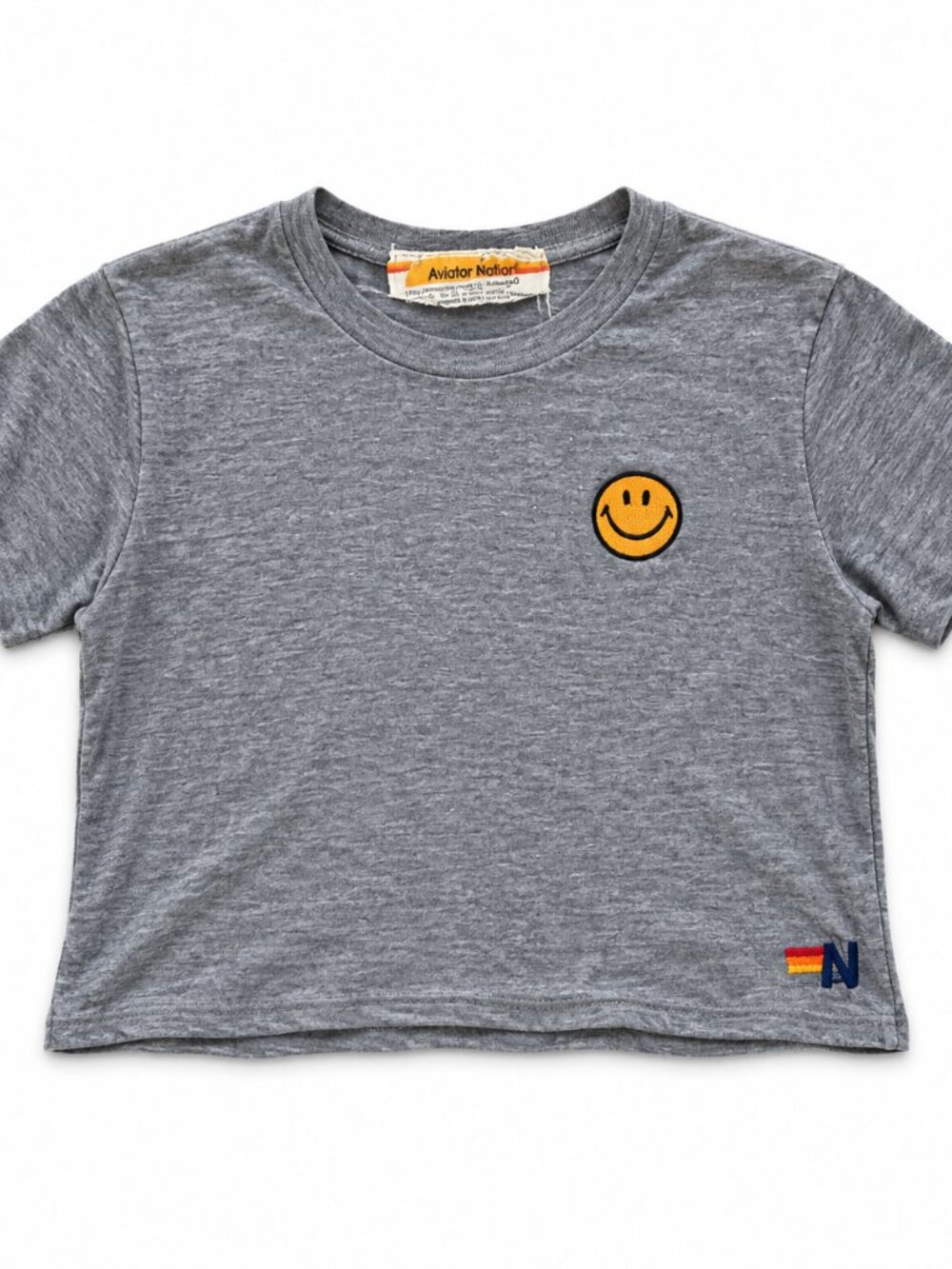 Aviator Nation Grey Smiley Face Cropped Tee, Size S